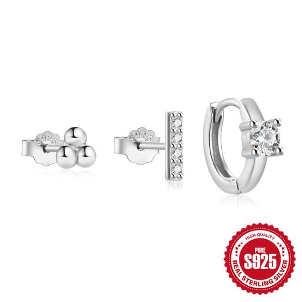 S925 Sterling Silver Fashion Simple Mini Geometric Glossy Round Eight-pointed Stars Single Row Zircon Set Earrings