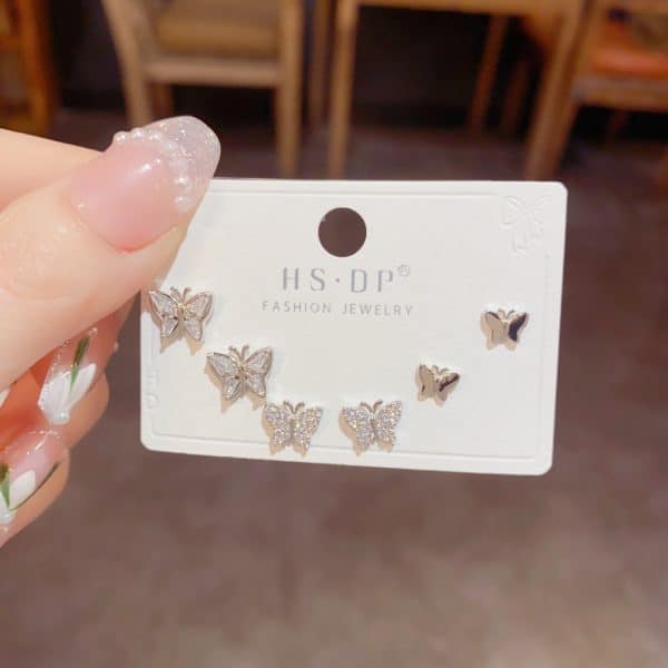Cute Sweet And Small Exquisite Smart Shining Butterfly Studs Three-piece Set Sterling Silver Needle