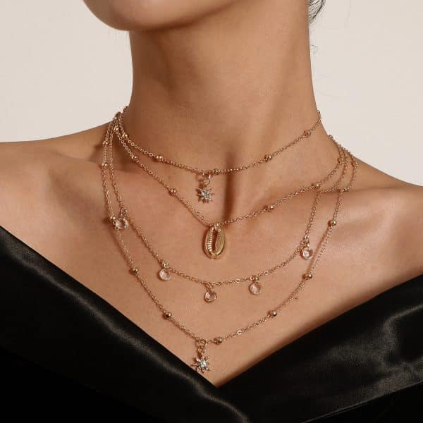 Women's Diamond Six-pointed Star Pendant Necklace Multi-layer