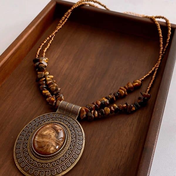 Irregular Tiger Eye Stone Oval Pendant Necklace With Retro And Antique Style
