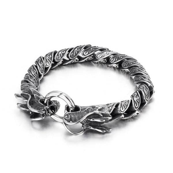 Vintage Distressed Power Style Personalized Double Chinese Dragon Heads Titanium Steel Bracelet