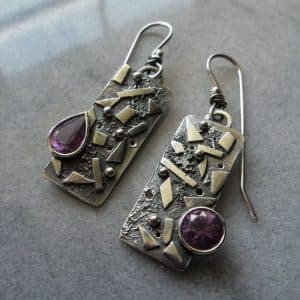 Vintage Carved Geometric Square Water Drop Amethyst Earrings