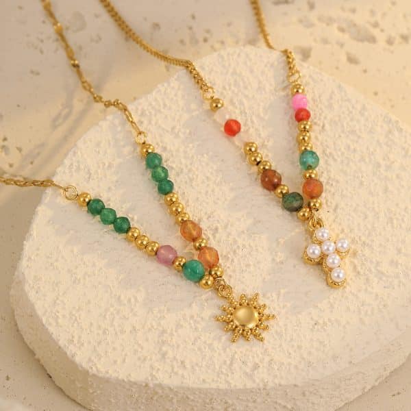 Titanium Steel Sun Cross Pendant Beaded Necklace