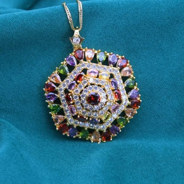 Hexagonal Design Color Zircon Pendant Necklace