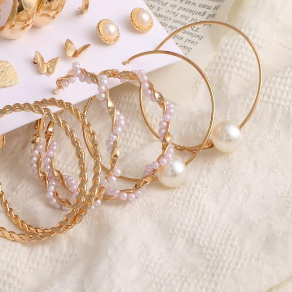 Vintage Diamond-Studded Pearl Earrings Set 9 Pairs