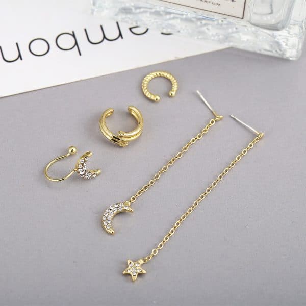 Star And Moon Rhinestone Tassel Earring Set 5 Piece Set