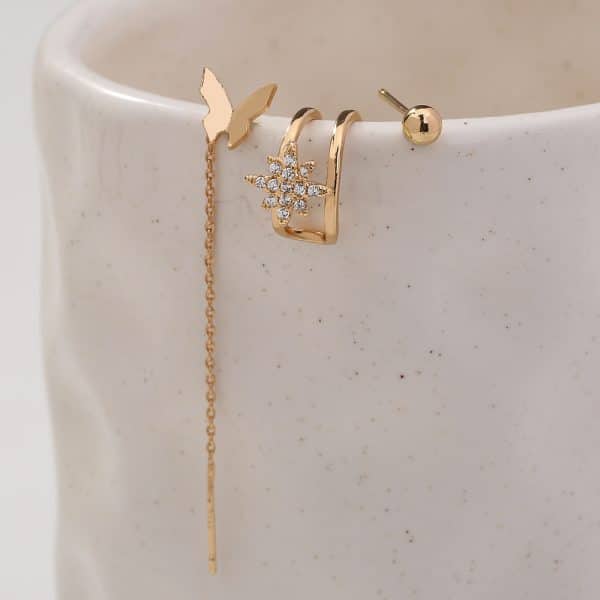 Personality Design Feeling Earrings Inlaid Diamond Awn Star Ear Bone Clip Set Female, Fashion Butterfly Tassel Earrings