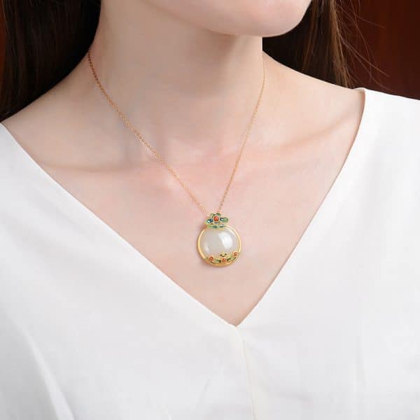 Inlaid Natural Hetian Jade Retro Stylish Pendant Chinese Style Necklace
