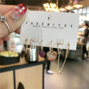 Rose Microset Heart Chain Set Of 6 Zircon Hoop Stud Earrings