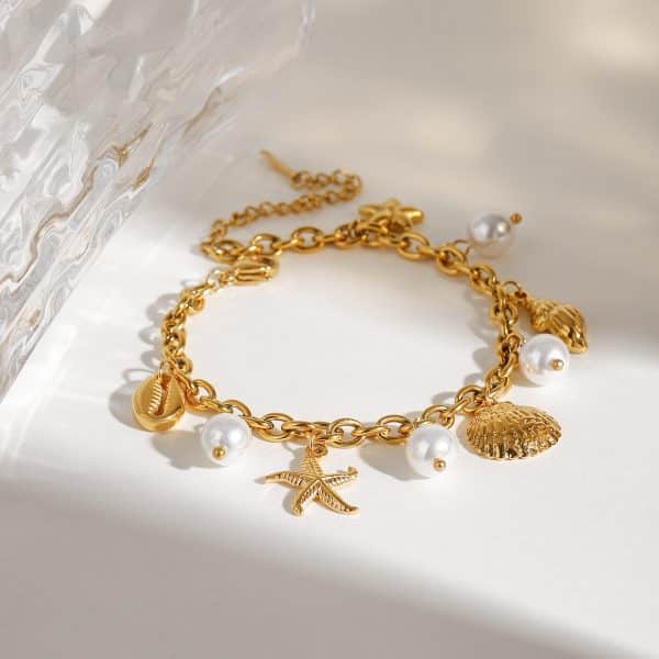 Women's Stainless Steel 18K Dold Pearl Shell Pendant Bracelet