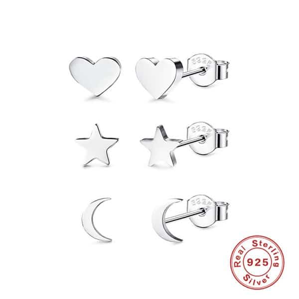 S925 Sterling Silver Compact Mini Geometric Heart-shaped Star Moon Set Ear Studs