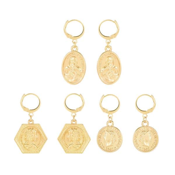 Set Of 3 Earrin Leaf Shape Earrings Coins Embossed