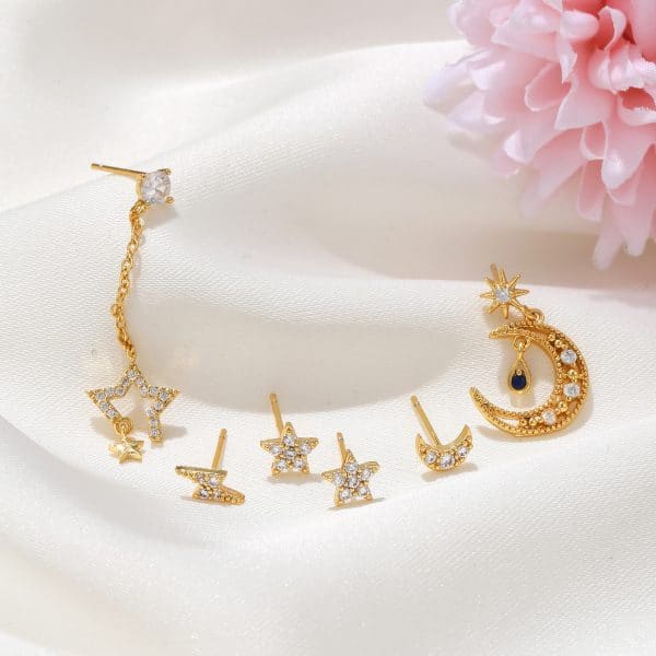 Pentagram Moon Combination Set Zircon Stud Earrings