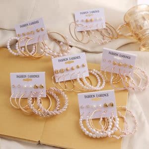 New Vintage Geometric Pearl Earrings 6-piece Set