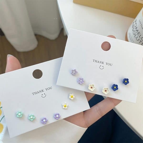 Sterling Silver Needle Candy Colored Flower Stud Earrings Set