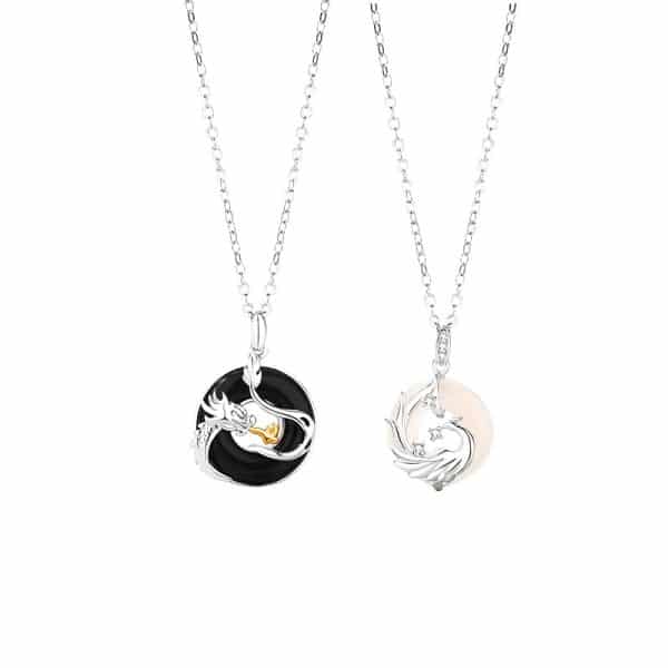Sterling Silver Dragon And Phoenix Peace Buckle Men And Women Original Zodiac Dragon Black Onyx Necklace