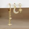 18K Real Gold Electroplated Zircon Moon Studs Three-piece Set