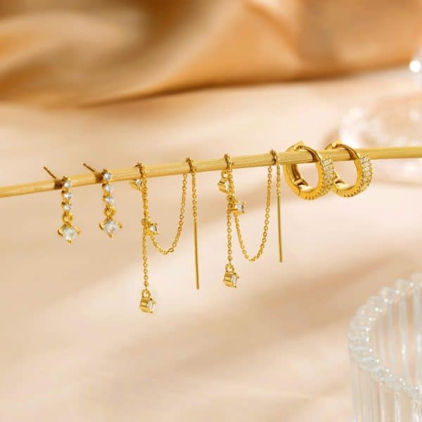 Inlaid Zircon Fashion Four Eight-pointed Stars Women's Earrings Three-piece Set