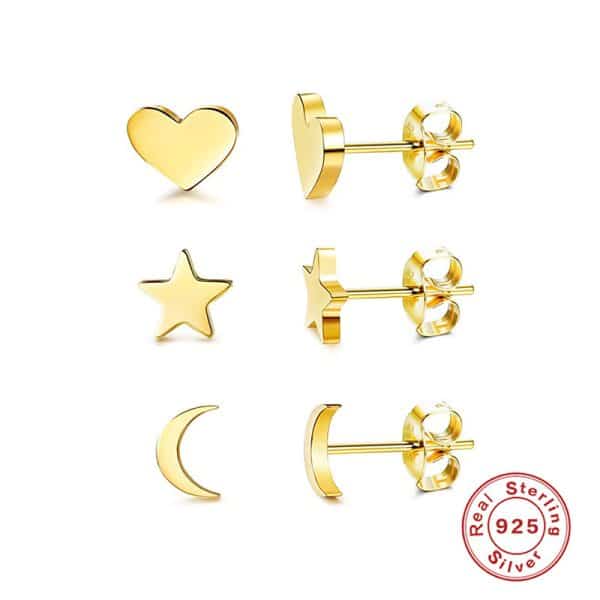 S925 Sterling Silver Compact Mini Geometric Heart-shaped Star Moon Set Ear Studs