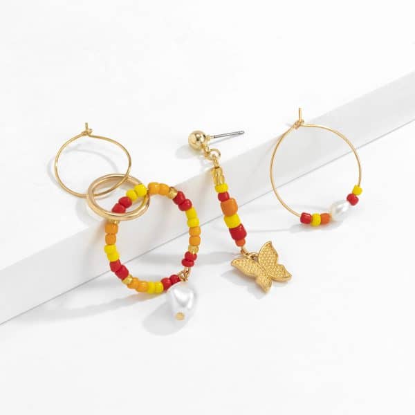 Simple Temperament Stitching Rice Bead Butterfly Earrings Set