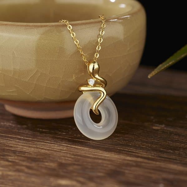 Women's Sterling Silver Snake White Jade Necklace