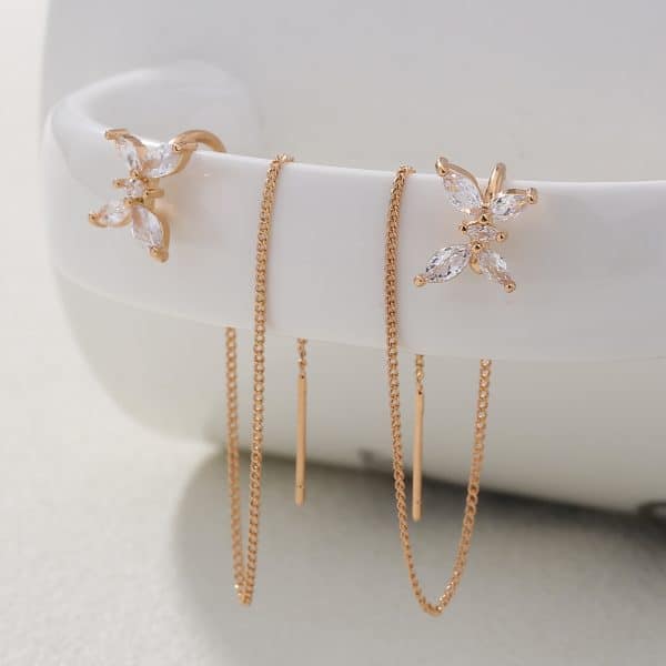 Cross Border Jewelry Personality Copper Micro Set Zircon Butterfly Ear Bone Clip Super Long Personality Tassel Ear Line Earrings