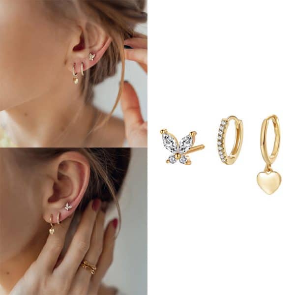 Temperamental Fairy Butterfly Glossy Love Pendant Circle Ear Clip Eardrops Geometric Three-piece Set Earrings Set