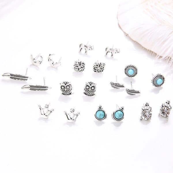 Crown Diamond Elephant Leaf Owl 10 Pair Set Earrings