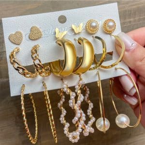 Creative Simple Fashion Elegant Women's Jewelry Pearl Butterfly Chain Big Ear Stud Set 9-piece Set