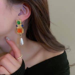 Silver Post Geometric Square Circle Drop Pearl Earrings