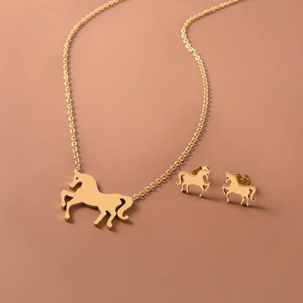 Stainless Steel Gold Silver Unicorn Horse Necklace Earrings Jewelry Set