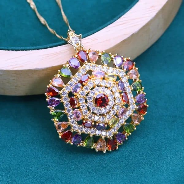 Hexagonal Design Color Zircon Pendant Necklace
