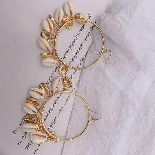 Boho Style Natural Shell Earrings Circle Tassel Pendant Earrings