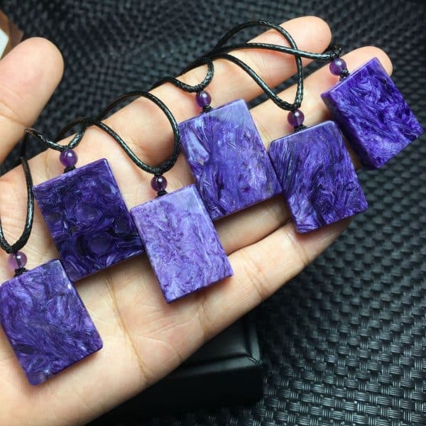 Natural Charoite Square Plate Pendant With Leather Rope