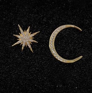 Real Gold Zircon Micro-Set Octopus And Moon Asymmetric Stud Earrings