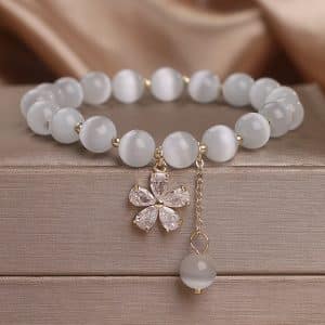 Single Loop Women's Small Flower Tassel White Cat's Eye Crystal Bracelet