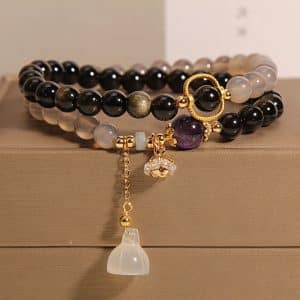 All-Match Gold Obsidian Lotus Seedpod Pendant Natural Gray Agate Double Ring Crystal Bracelet For Women