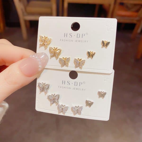 Cute Sweet And Small Exquisite Smart Shining Butterfly Studs Three-piece Set Sterling Silver Needle