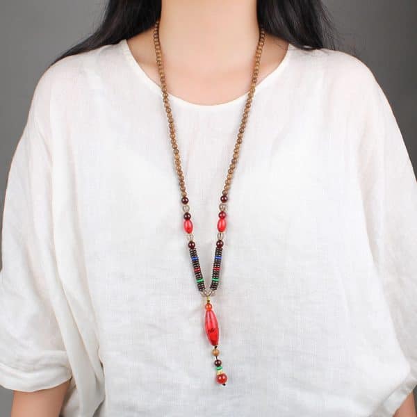 Chicken Wings Wooden Prayer Beads Long Men's Necklace Imitation Turquoise Pendant Wooden Bead