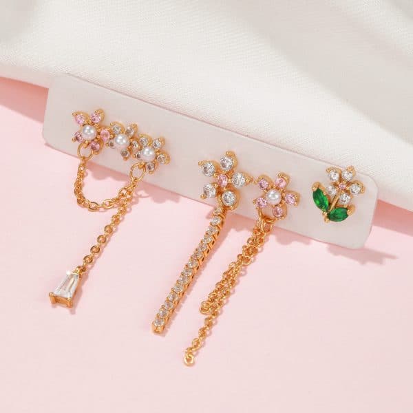 Flower Chain Stud Earrings Set Of Five