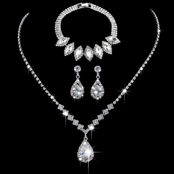 Brilliant Full Diamond Zircon Water Drop Necklace Eardrop Jewelry Set