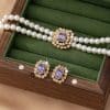 Stylish Elegant Double Row Pearl Square Diamond-studded Necklace Earings Set