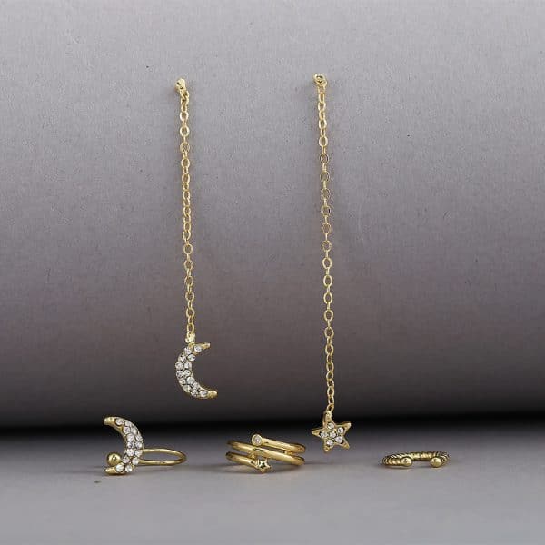 Star And Moon Rhinestone Tassel Earring Set 5 Piece Set
