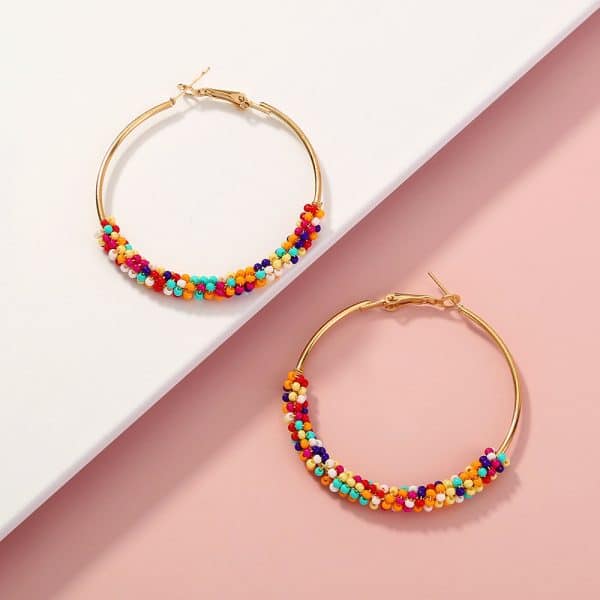 Bohemian Ethnic Style Multicolor Rice Beads Exaggerated Golden Large Circle Earrings