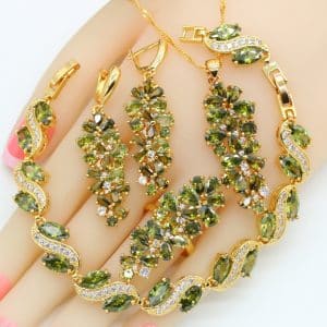 Olive Green Stone Cubic Zirconia Earrings Pendant Necklace Bracelet Ring