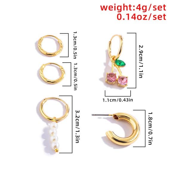 Simple Temperament Pearl Diamond And Cherry Earrings Set