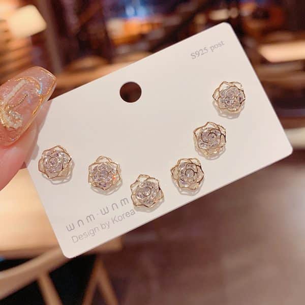 Sterling Silver Needle Zircon Rose Three-piece Set Ear Studs One Card Three Pairs