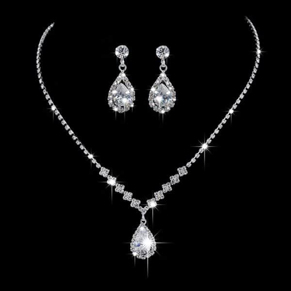 Brilliant Full Diamond Zircon Water Drop Necklace Eardrop Jewelry Set