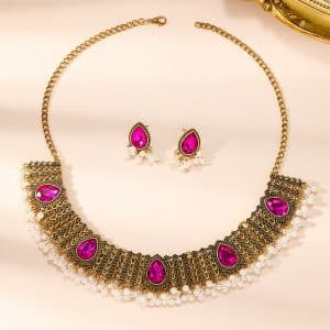 Retro Indian Style Necklace And Earrings Suite Exotic Pearl Rhinestone