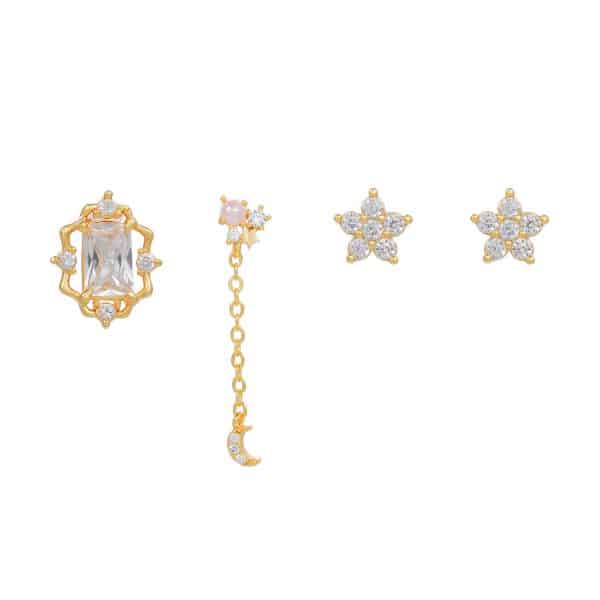 Earring Set, Moon Earrings, Gold Floral Earrings, Small Chain Earrings